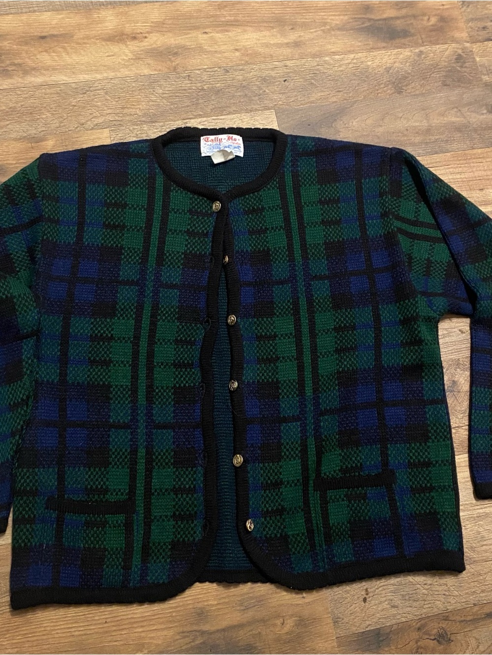 Tally Ho Green & Navy Plaid Knit Cardigan - Button Front